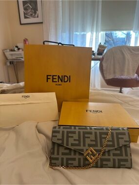 Fendi Monogram Chain Wallet in Gray with Gold Hardware